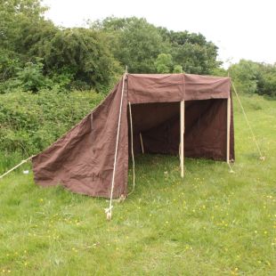 Brown Bivouac Vehicle Shelter with wood pegs and poles complete