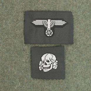 Waffen SS 2 Piece Skull and Eagle Cap Badge Bevo Cloth