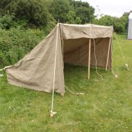 Tan Bivouac Vehicle Shelter with wood pegs and poles Complete