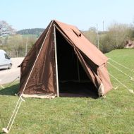 British Officers 6x6 ft Brown Tent, complete with wood Poles, guy ropes & wooden Pegs